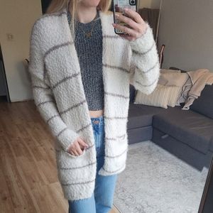 Altar'd State Fuzzy Stripe Cardigan - Gray and White